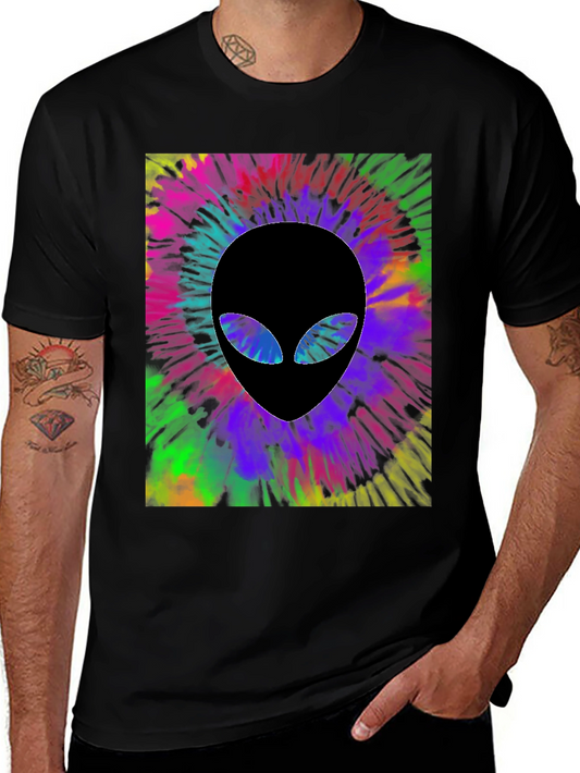 Tie Dye Alien Head Graphic Black T-Shirt
