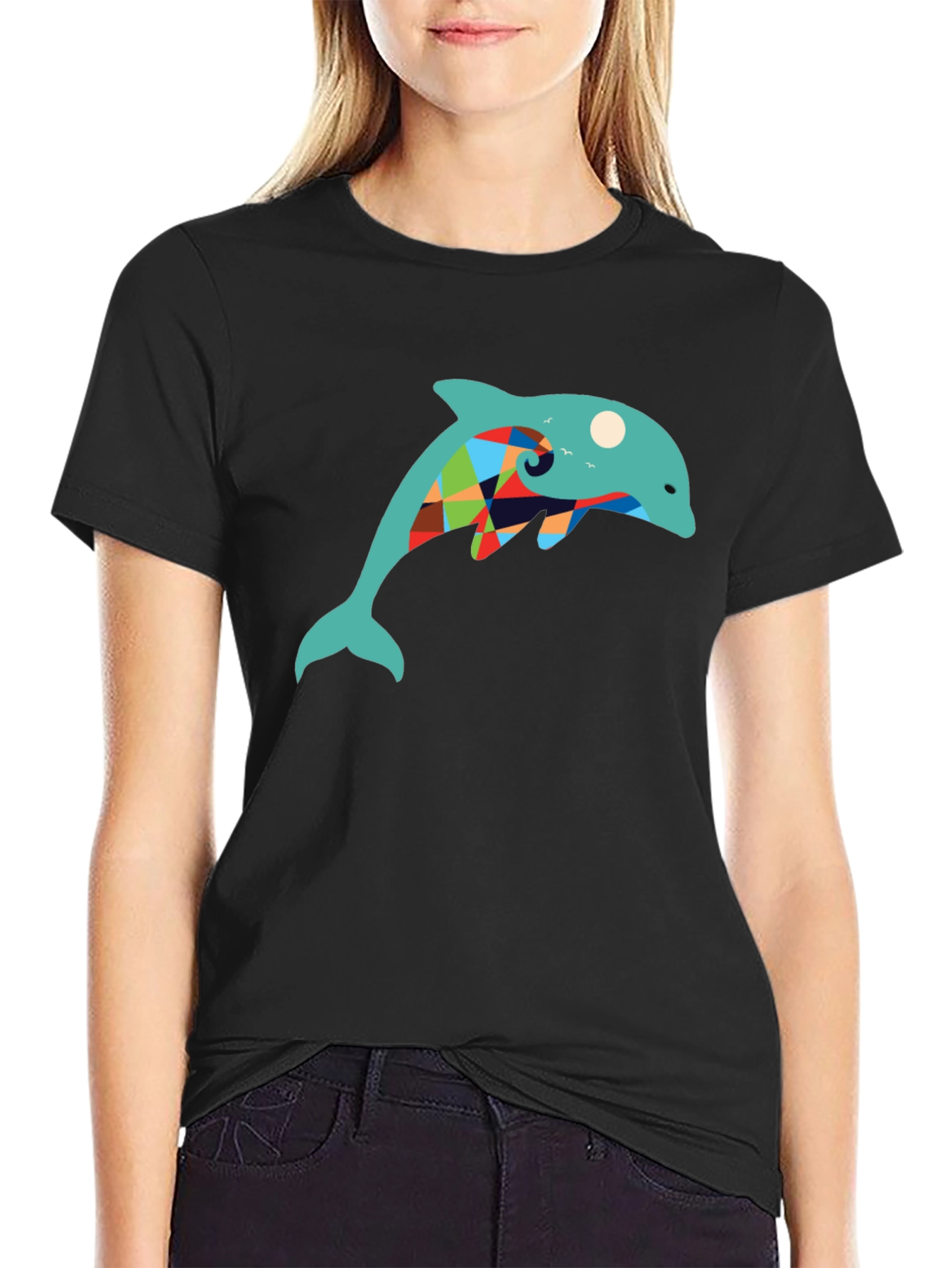 Dolphin Graphic Print Tee - Stylish Black T-Shirt