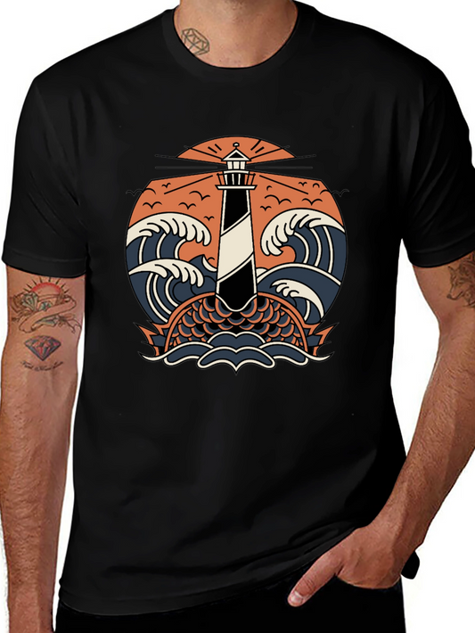 Lighthouse & Waves Graphic Tee - Black Cotton Shirt