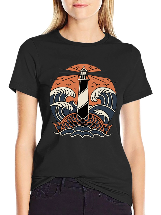 Lighthouse & Waves Graphic Tee - Black Cotton Shirt