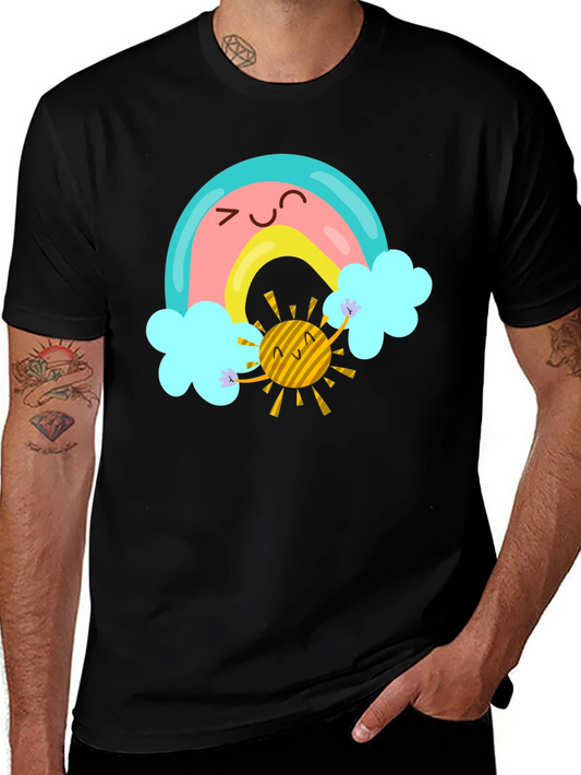 Cartoon Rainbow & Sun Graphic Black T-Shirt