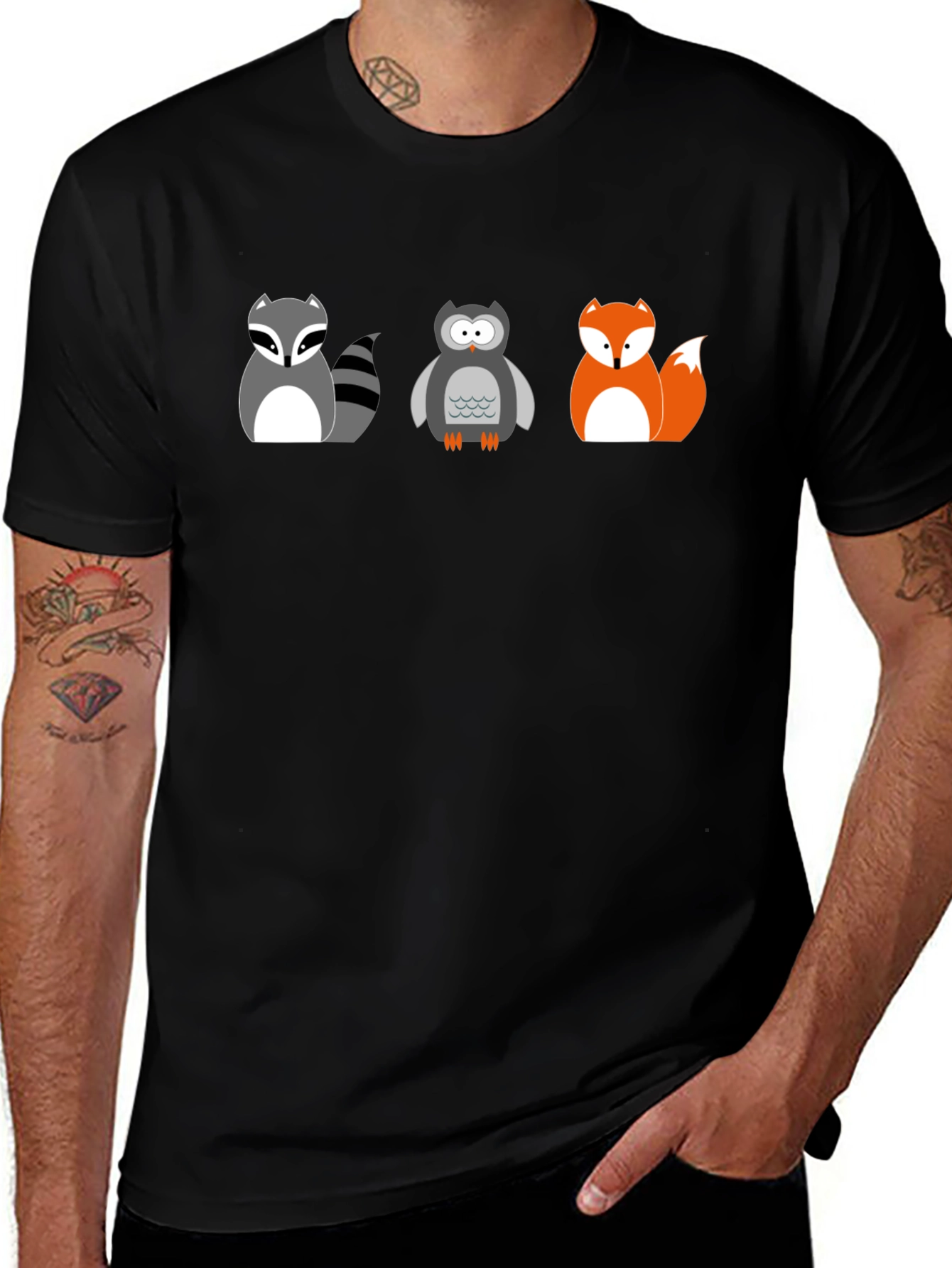Cartoon Animal T-Shirt: Raccoon Owl Fox