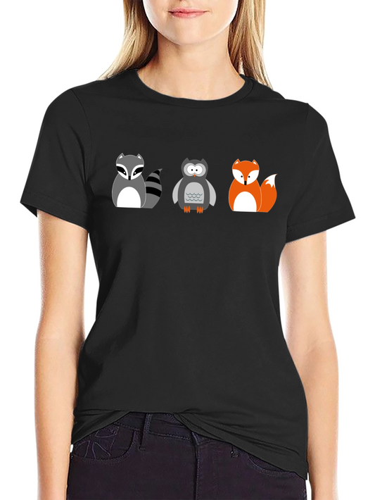 Cartoon Animal T-Shirt: Raccoon Owl Fox