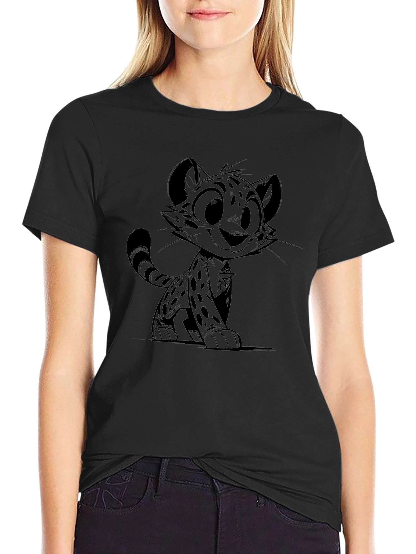 Cheetah Cub Graphic Tee - Black Cotton Blend Shirt