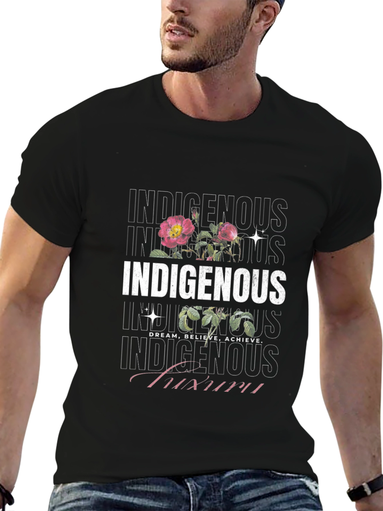 Indigenous Floral Print Black T-Shirt