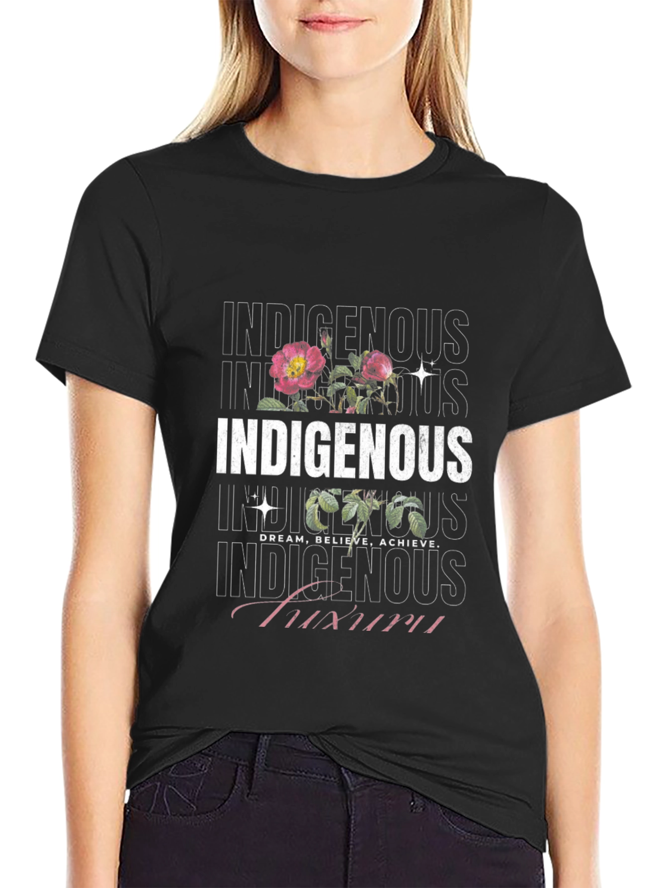 Indigenous Floral Print Black T-Shirt