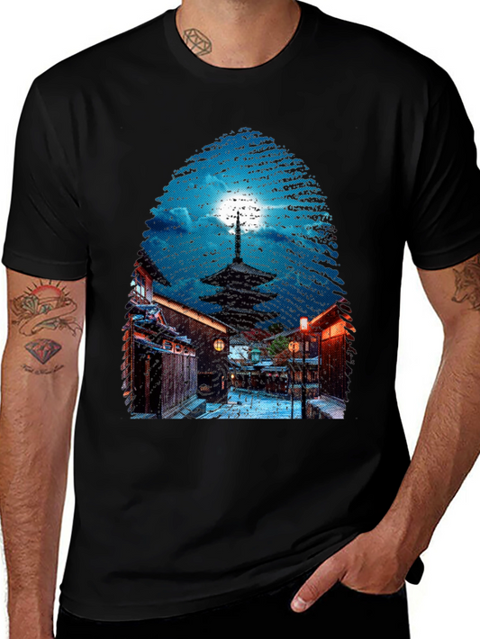 Asian Nightscape Graphic Tee - Black