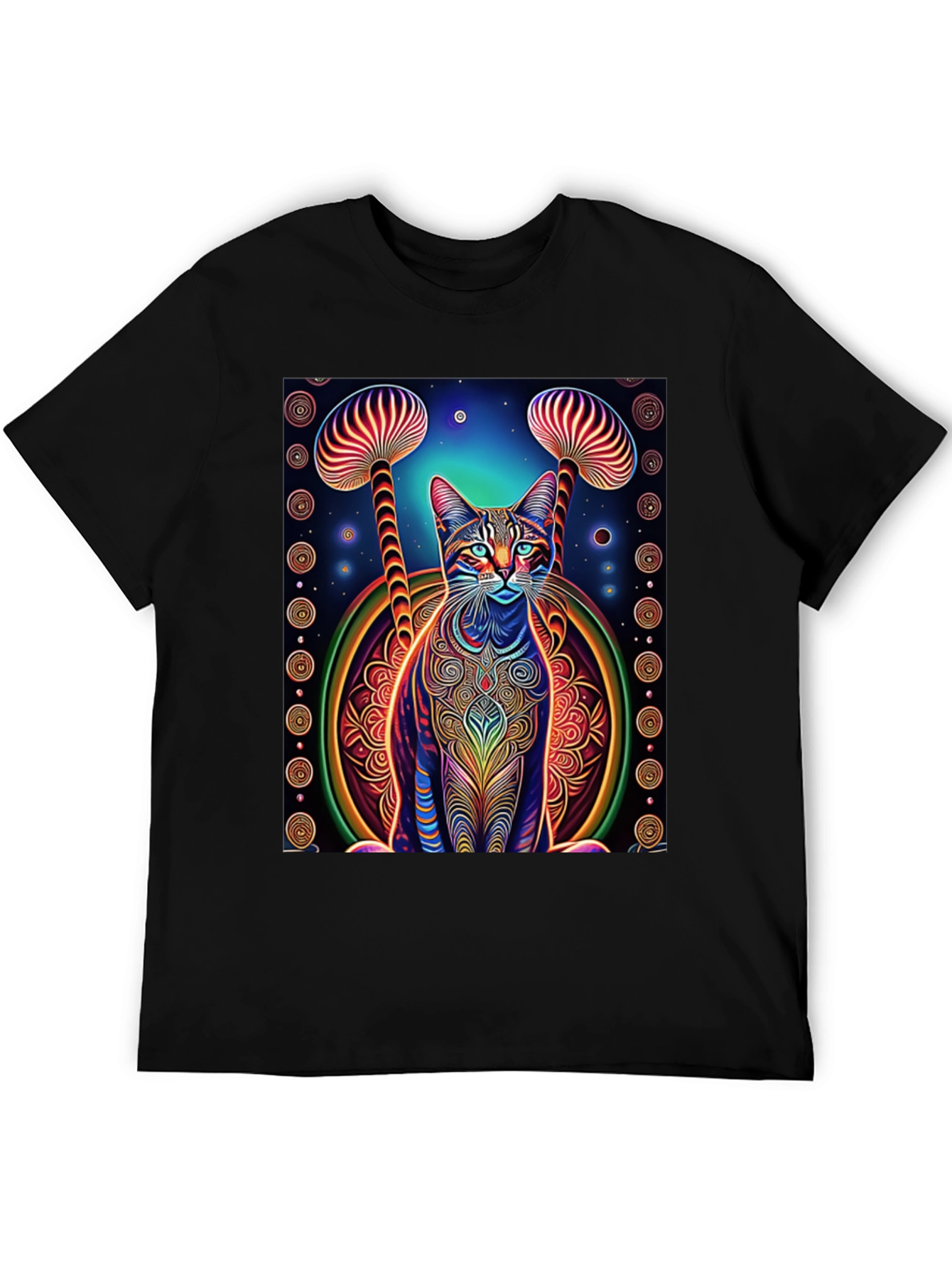 Psychedelic Cat & Mushroom Print Tee - Unique Design!