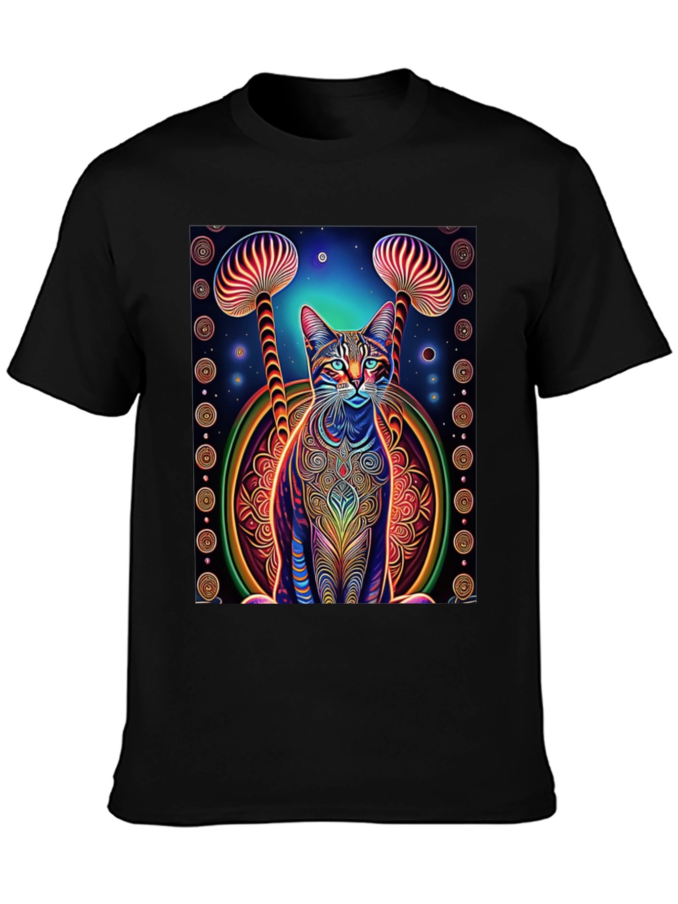 Psychedelic Cat & Mushroom Print Tee - Unique Design!