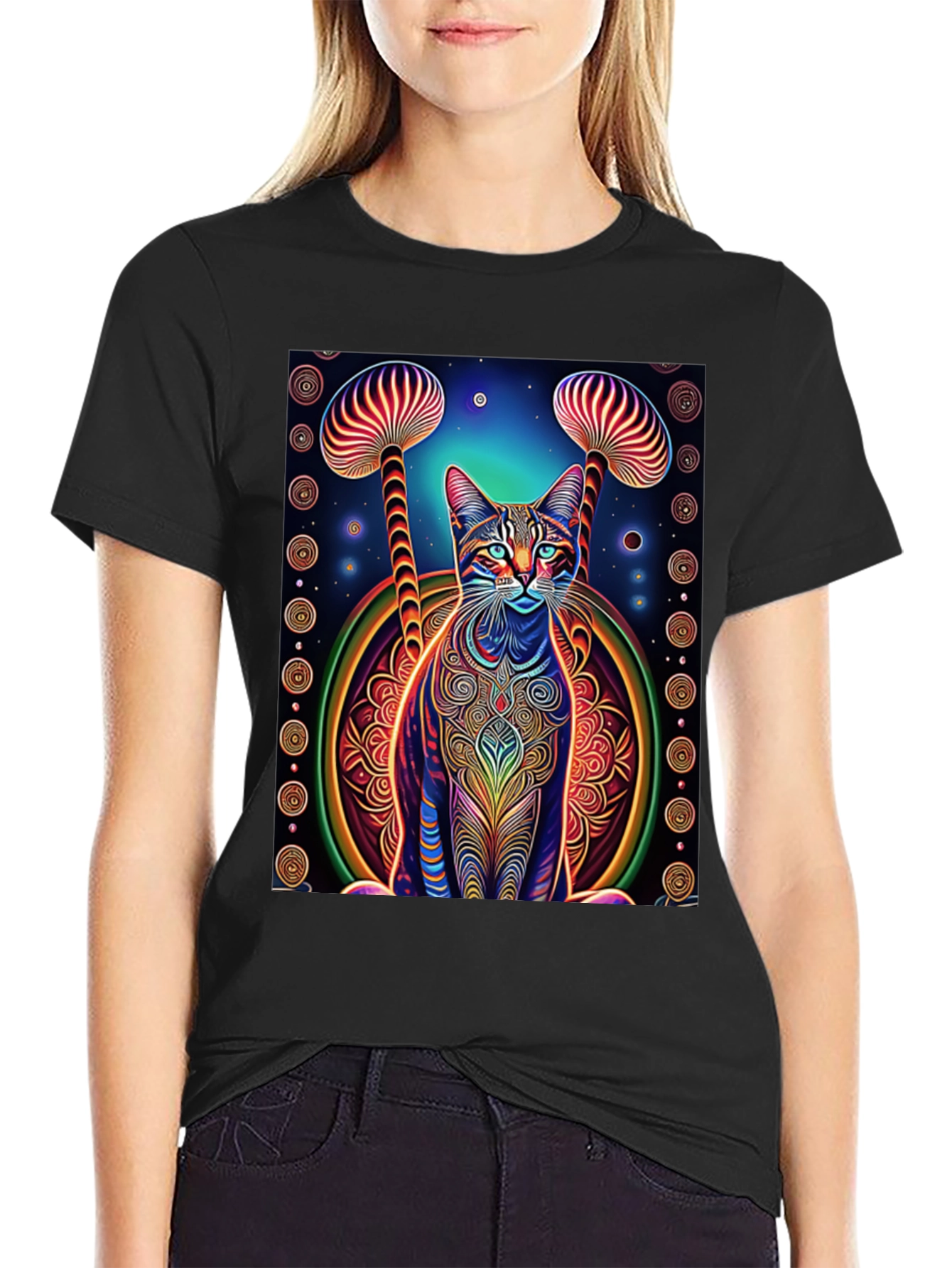 Psychedelic Cat & Mushroom Print Tee - Unique Design!
