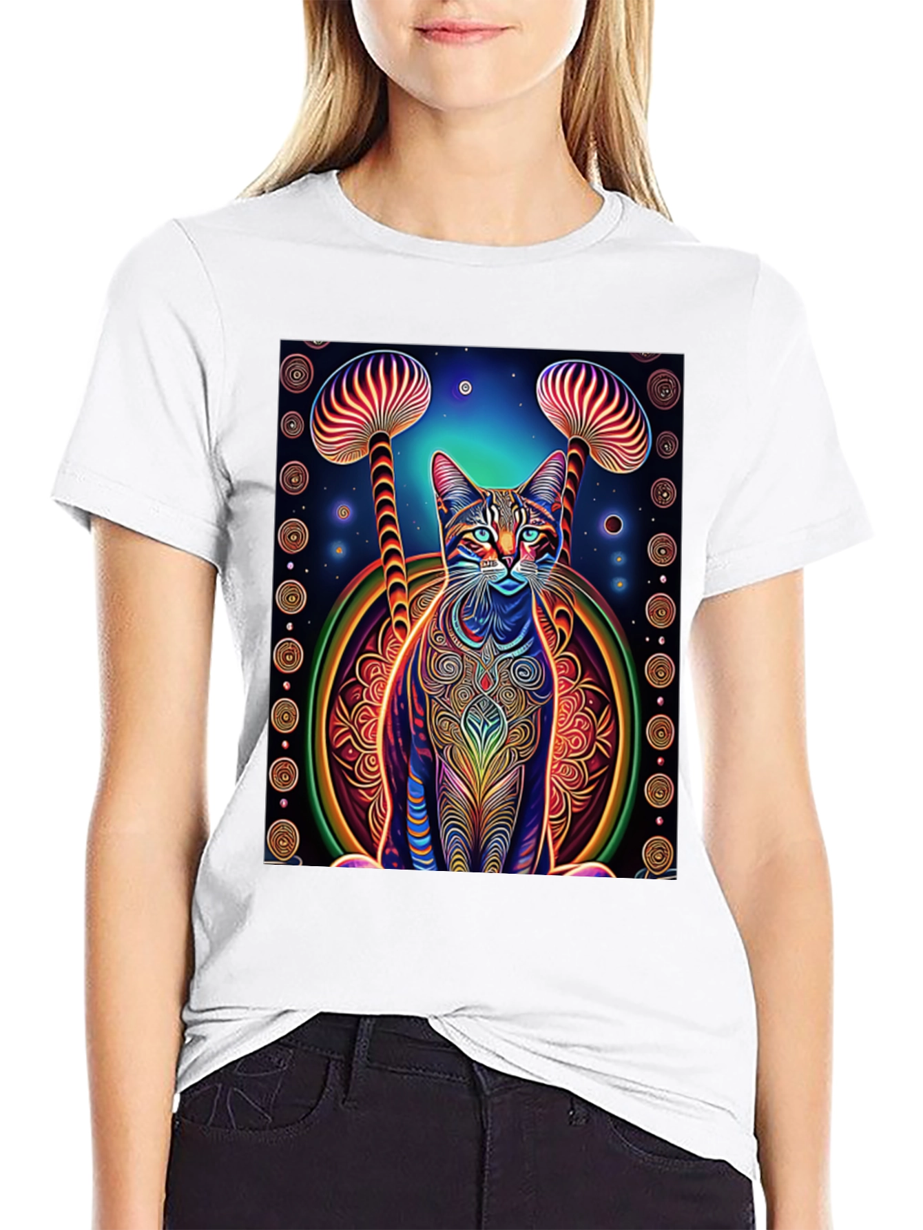 Psychedelic Cat & Mushroom Print Tee - Unique Design!