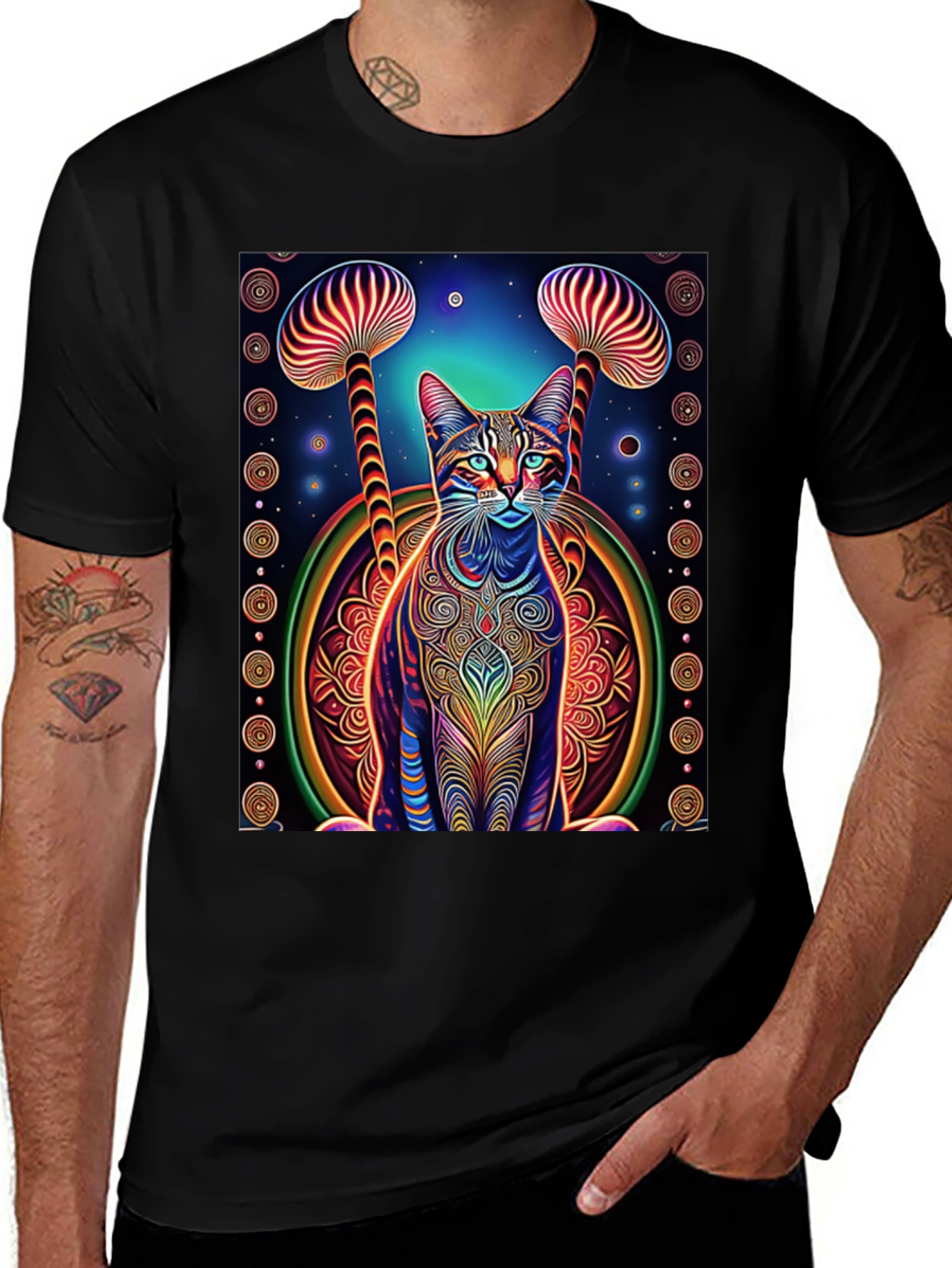 Psychedelic Cat & Mushroom Print Tee - Unique Design!