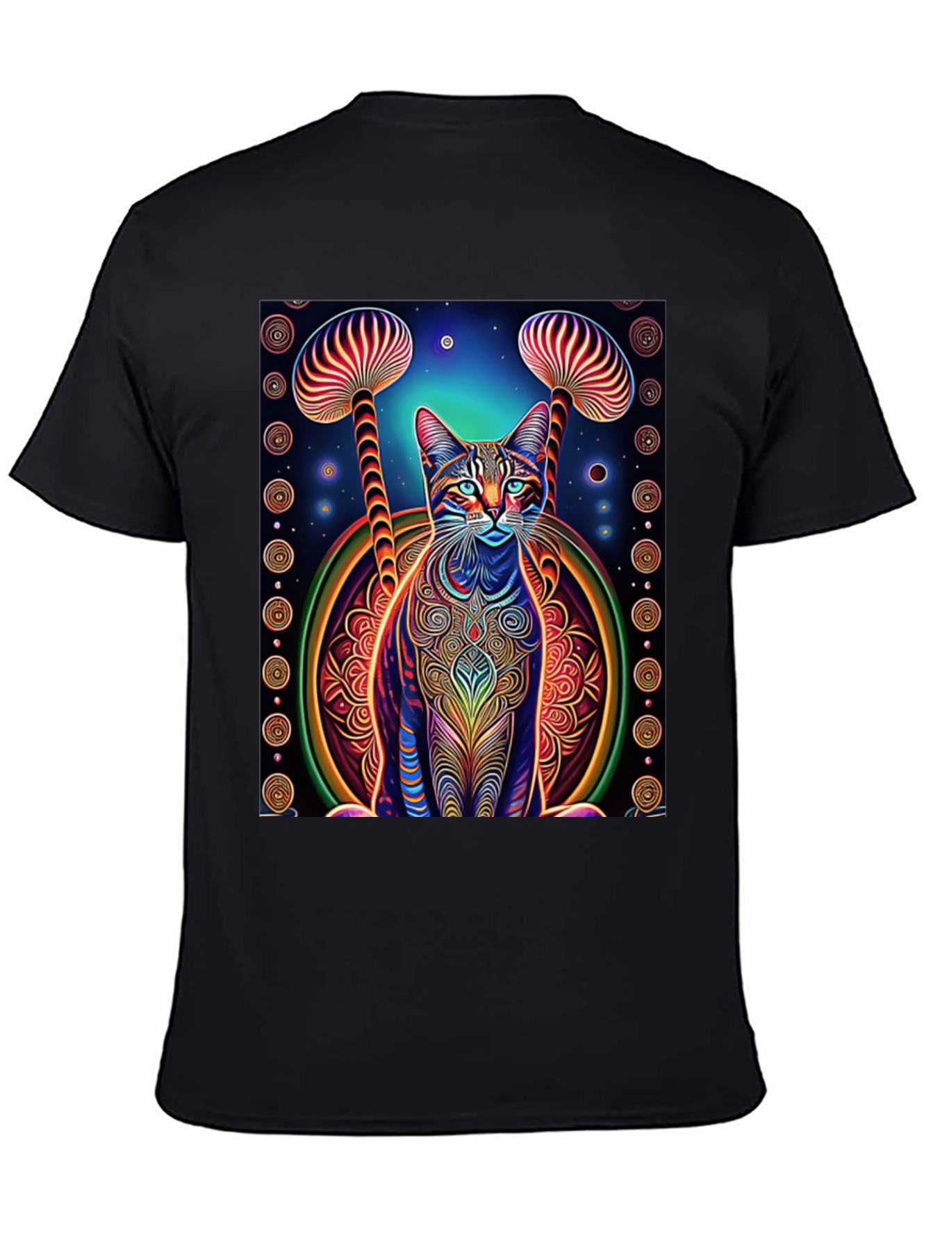 Psychedelic Cat & Mushroom Print Tee - Unique Design!