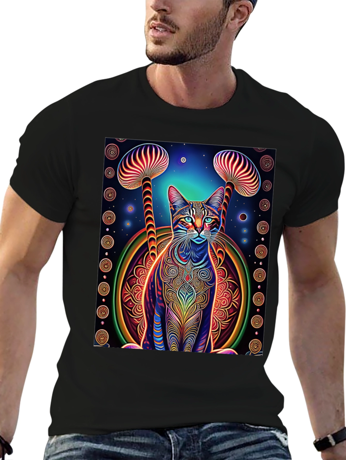 Psychedelic Cat & Mushroom Print Tee - Unique Design!