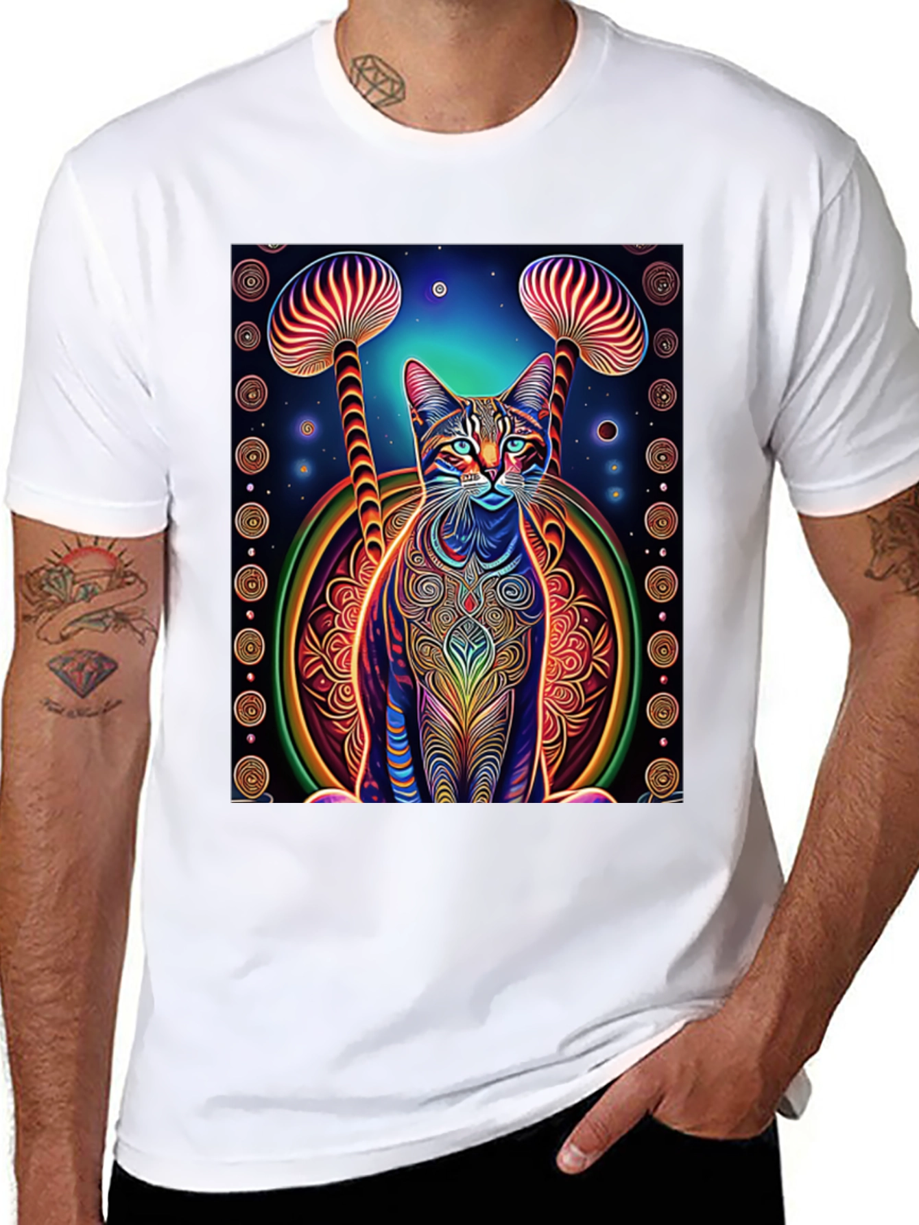 Psychedelic Cat & Mushroom Print Tee - Unique Design!