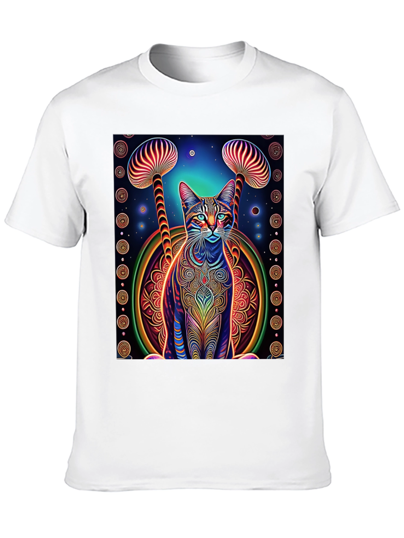 Psychedelic Cat & Mushroom Print Tee - Unique Design!