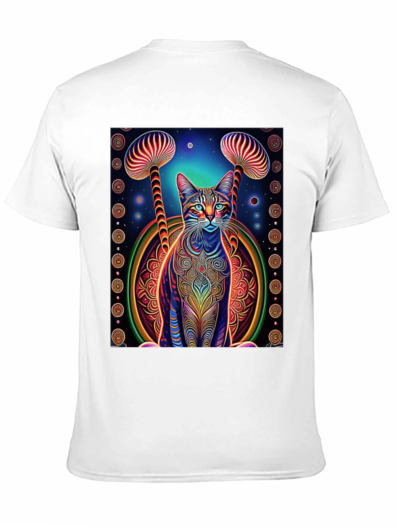 Psychedelic Cat & Mushroom Print Tee - Unique Design!