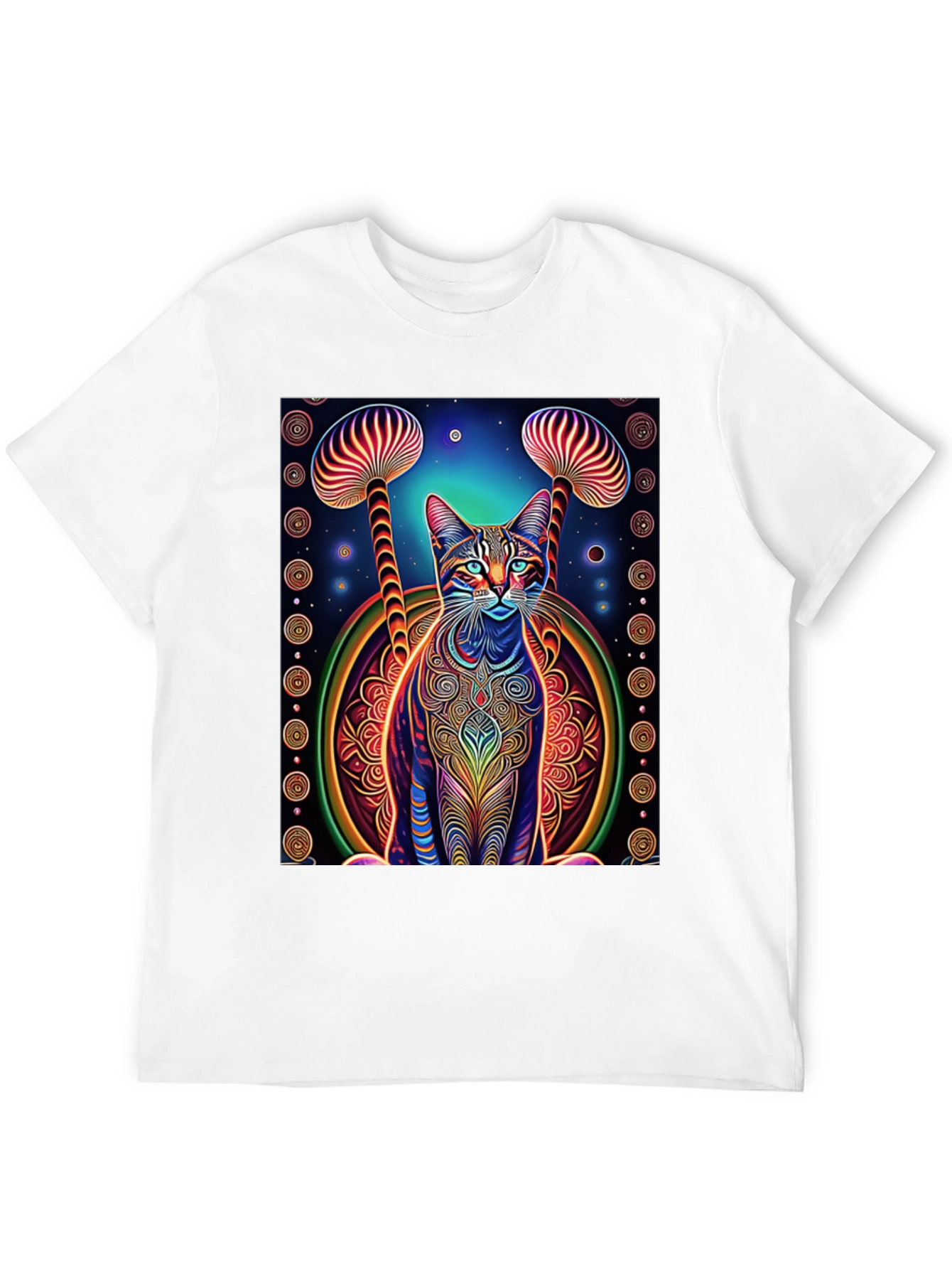 Psychedelic Cat & Mushroom Print Tee - Unique Design!
