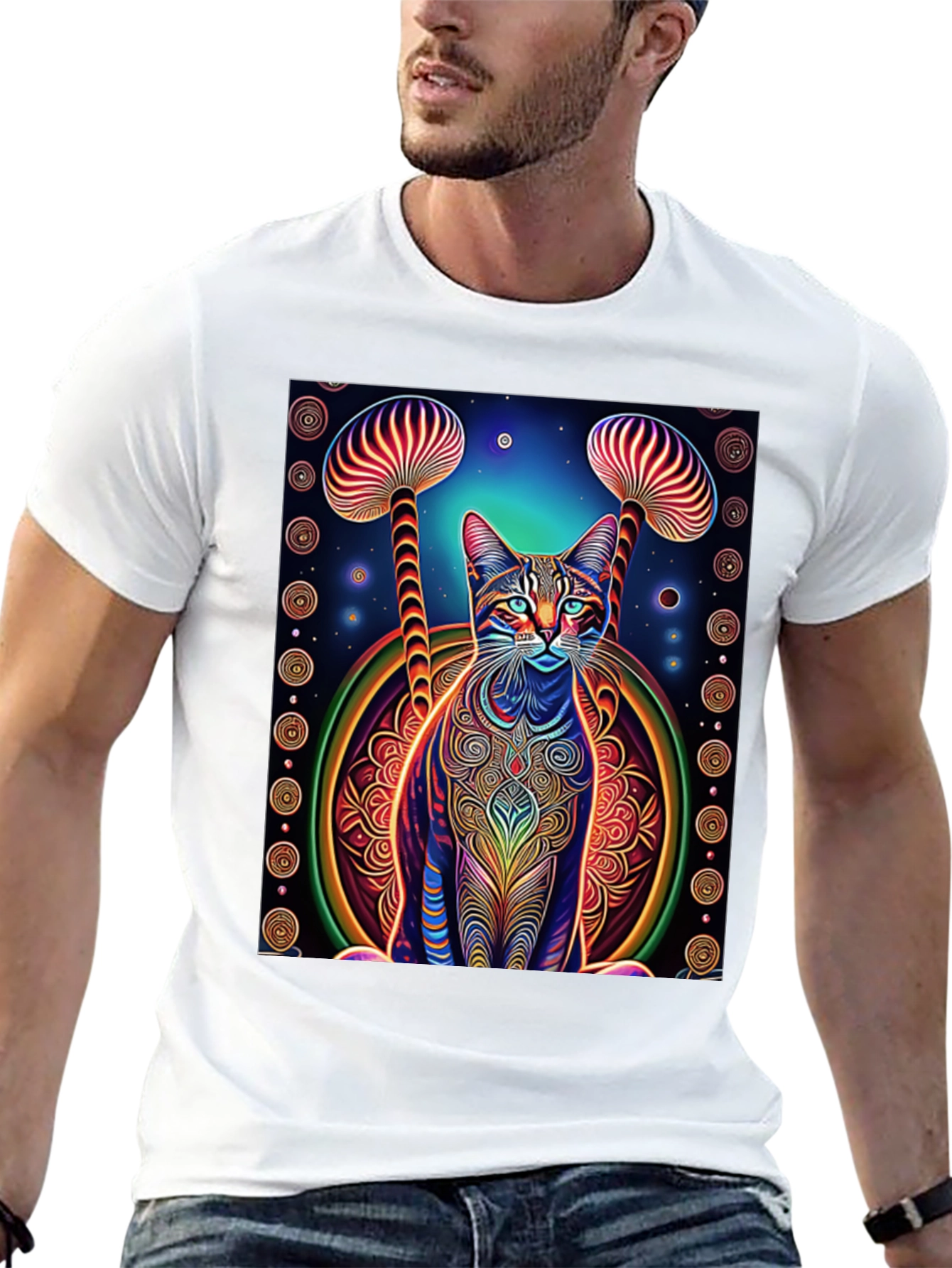Psychedelic Cat & Mushroom Print Tee - Unique Design!