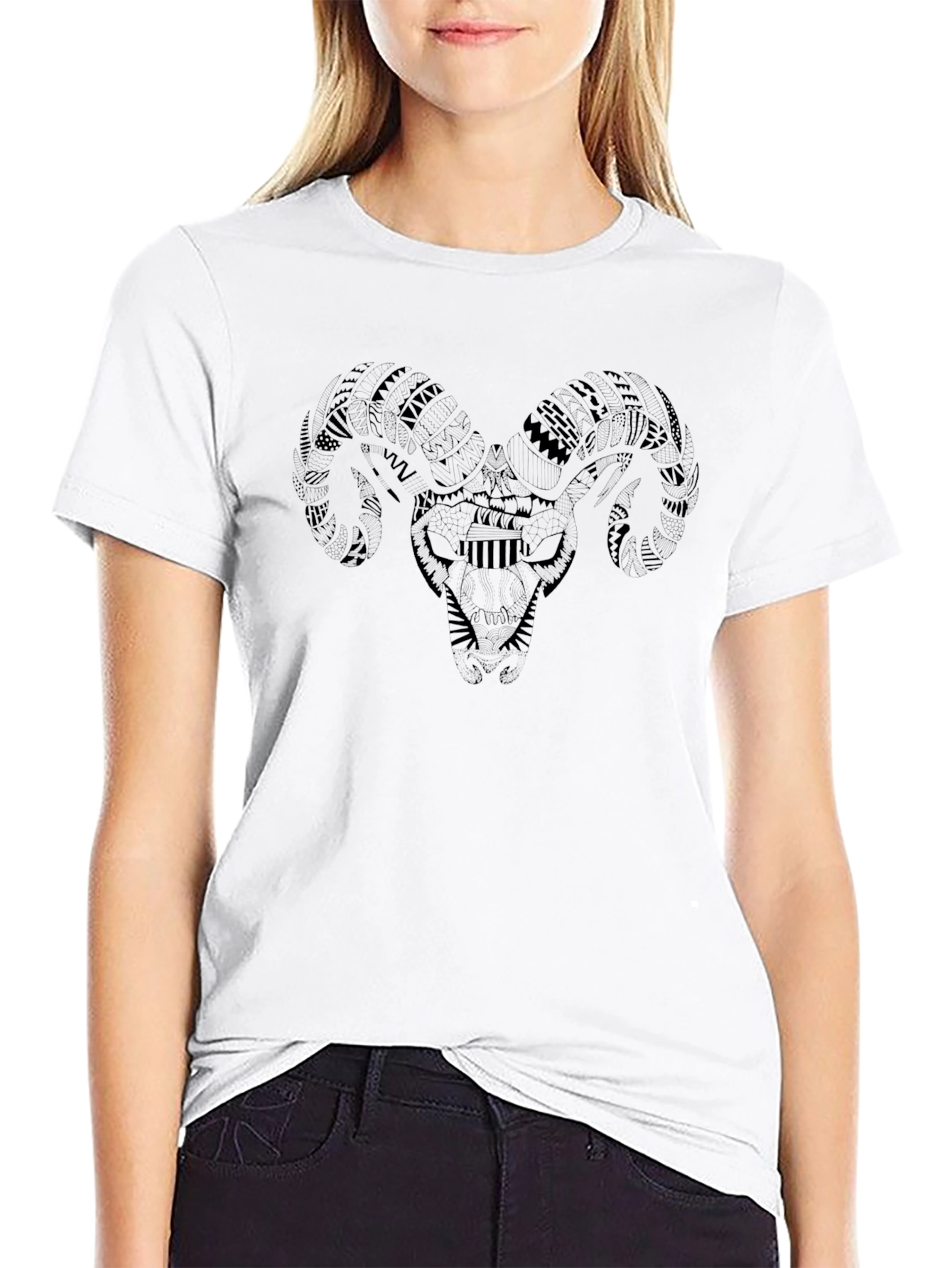 Tribal Ram Skull Graphic Black T-Shirt