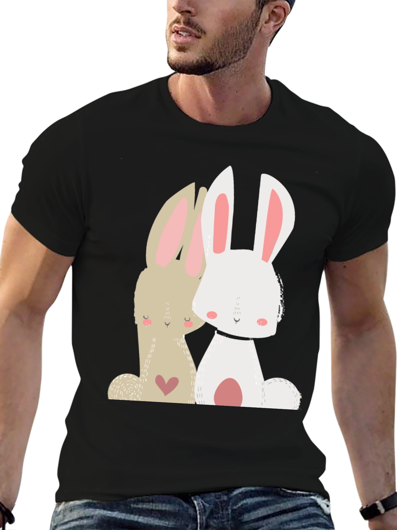 Cute Bunny Graphic Tee - Black Cotton Blend T-Shirt