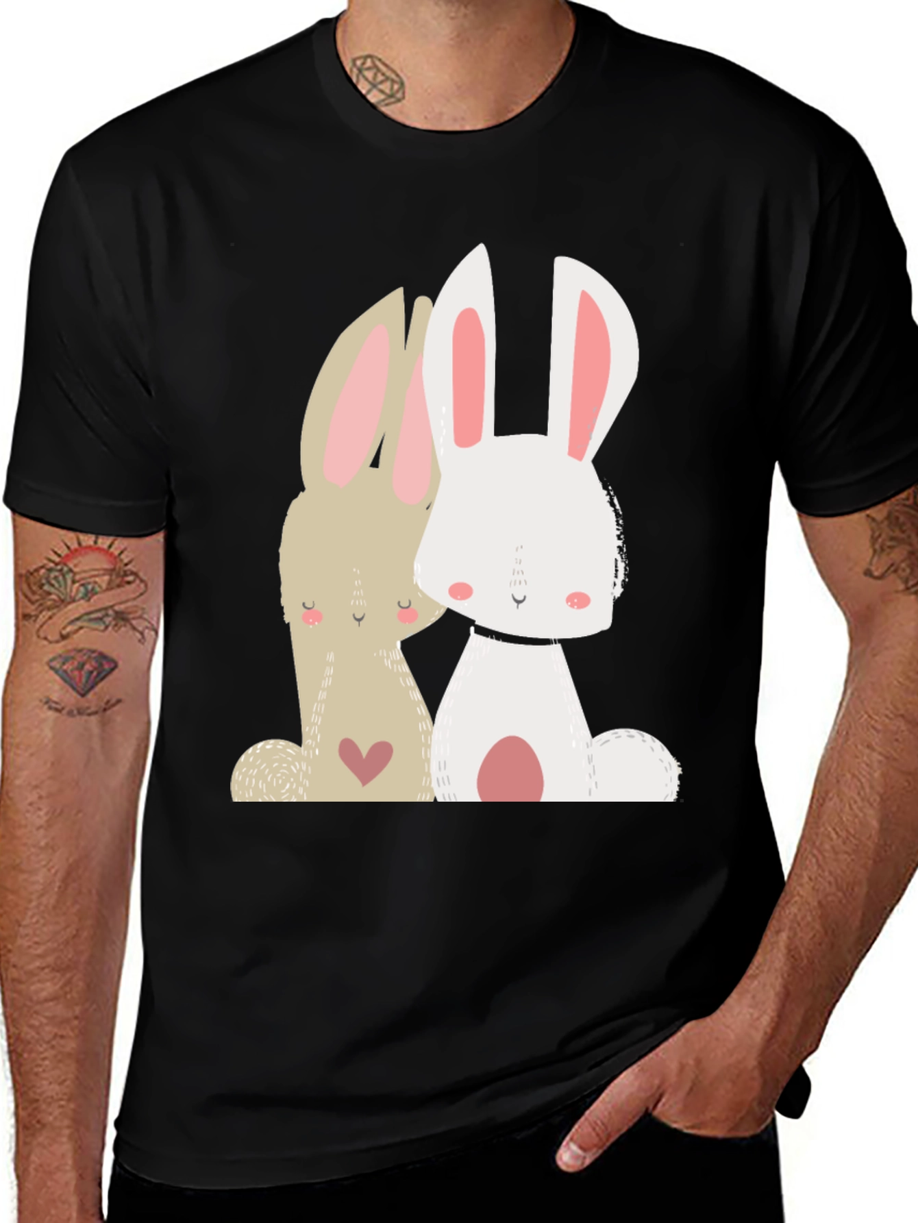 Cute Bunny Graphic Tee - Black Cotton Blend T-Shirt
