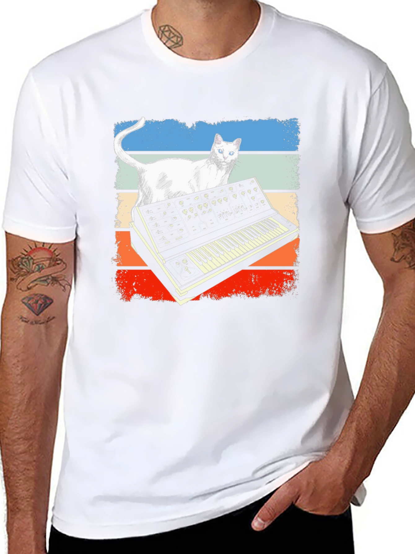 Retro Cat Synth T-Shirt - Music Lover Tee