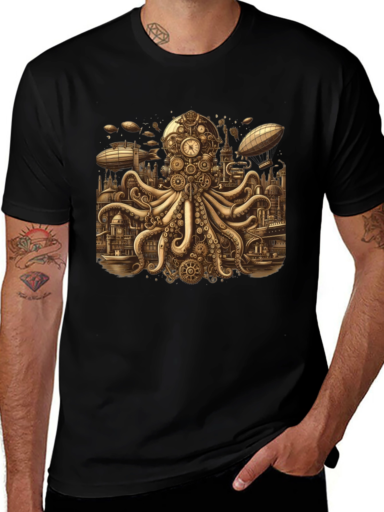Steampunk Octopus Graphic Tee - Unique Gearwork Design