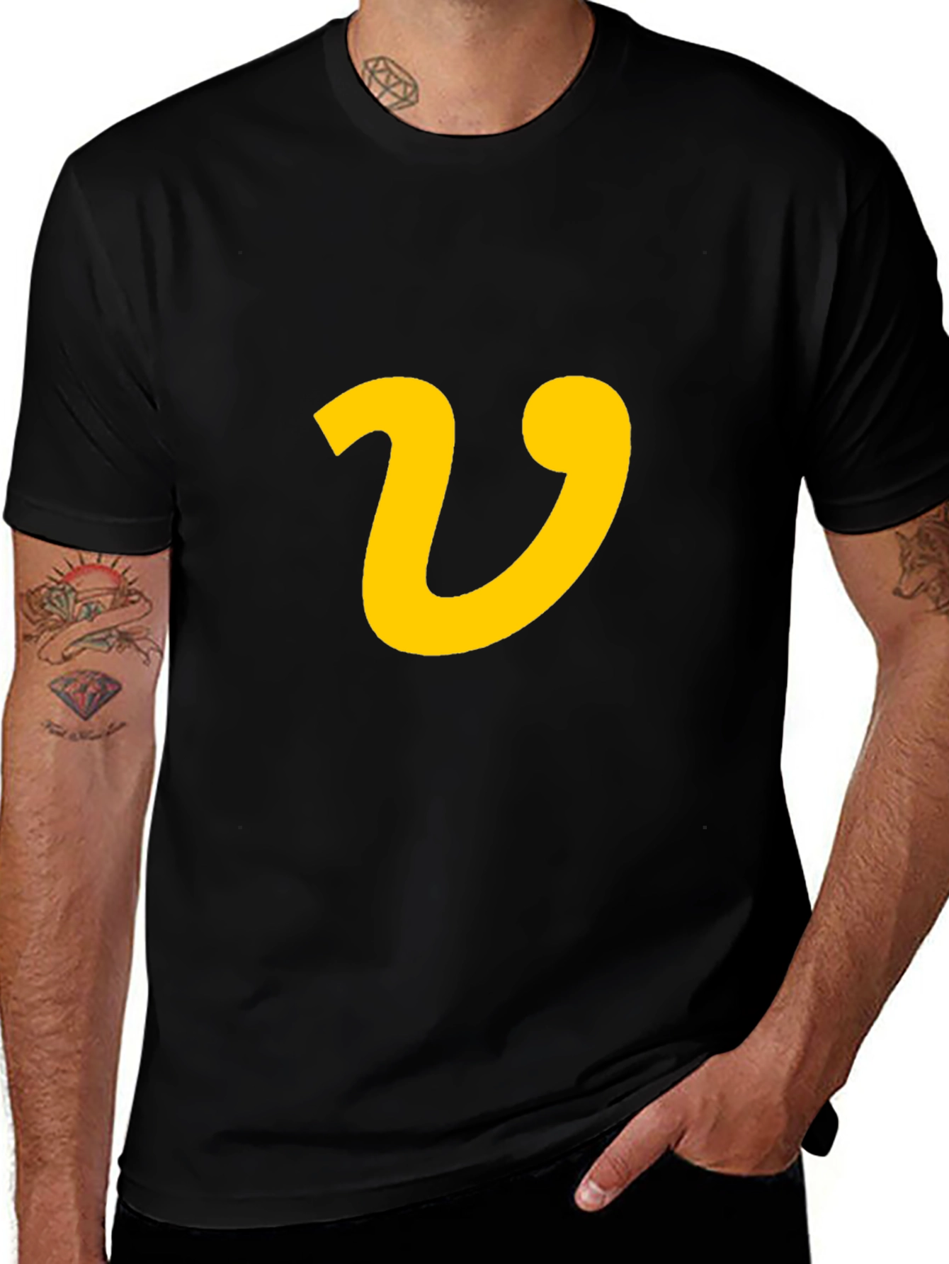 Black T-Shirt with Yellow Letter V Graphic Print