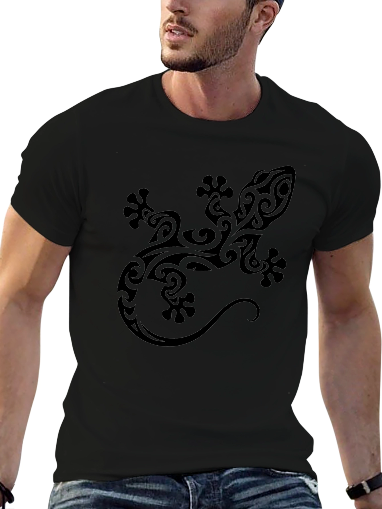 Tribal Gecko Graphic Black T-Shirt for Men