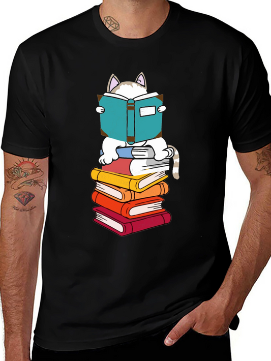 Cat Reading Books T-Shirt - Black Cotton Tee