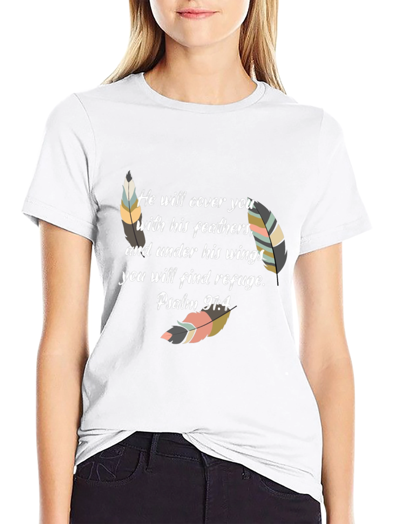Faith-Based Feather Graphic Tee - Psalm 91:4
