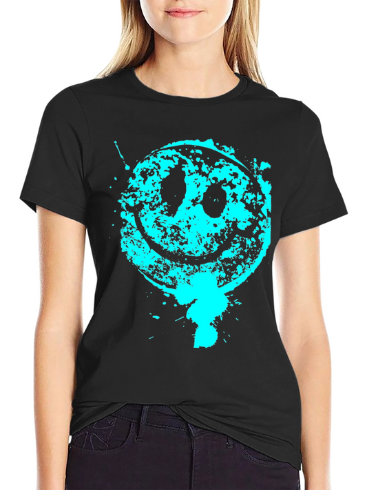 Grunge Smiley Face Graphic Tee - Black Cotton Blend