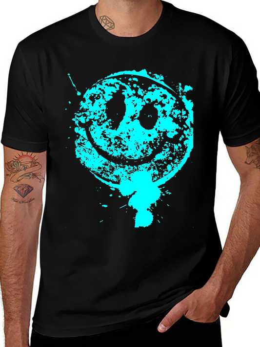 Grunge Smiley Face Graphic Tee - Black Cotton Blend