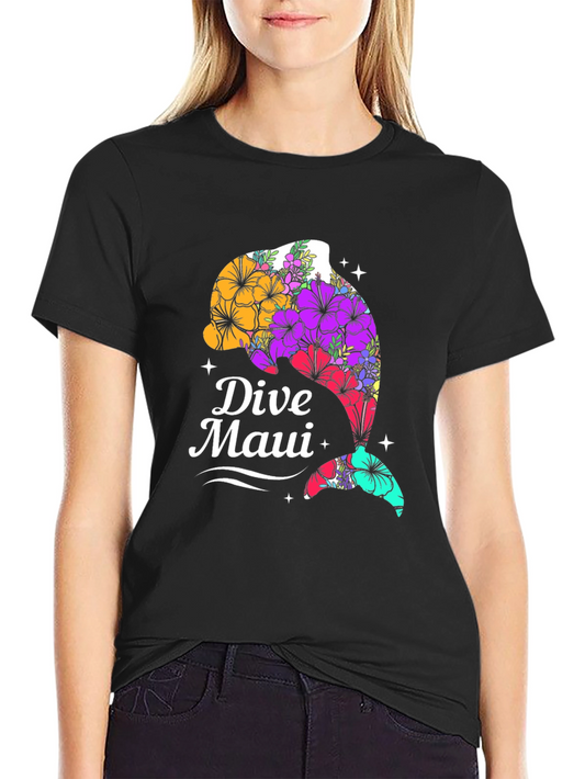 Dive Maui Floral Dolphin Graphic Tee - Black Cotton