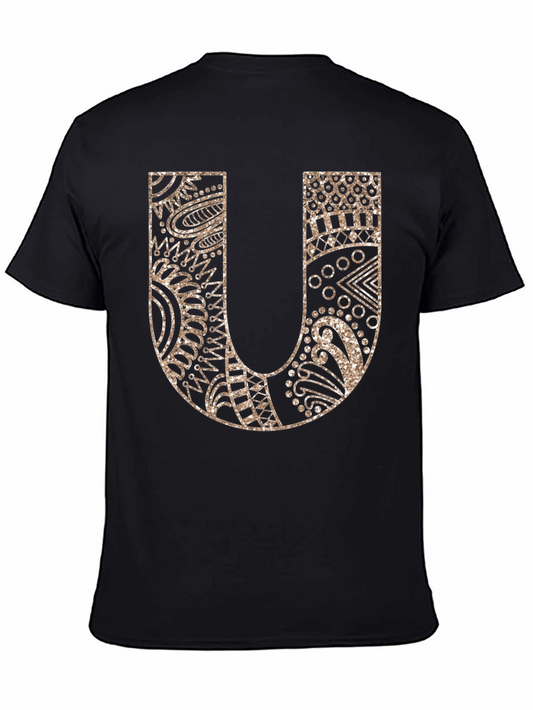 Letter U Graphic Tee - Black Cotton Blend Shirt