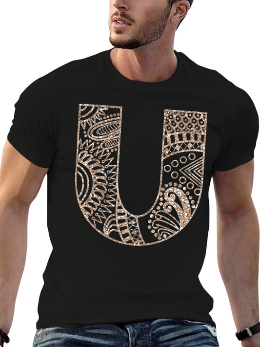 Letter U Graphic Tee - Black Cotton Blend Shirt