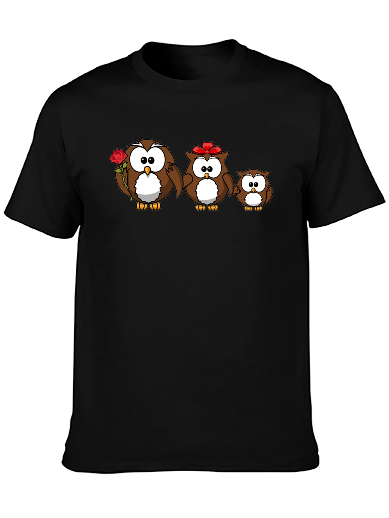 Cute Owl Family Graphic Tee - Black Cotton T-Shirt