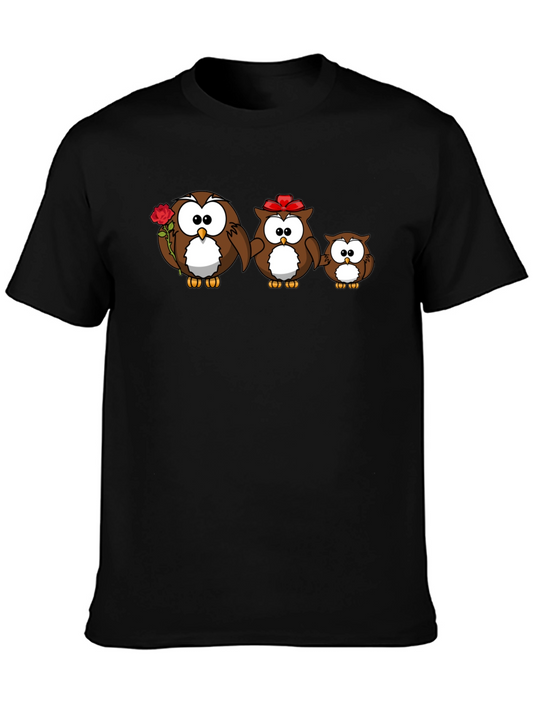 Cute Owl Family Graphic Tee - Black Cotton T-Shirt