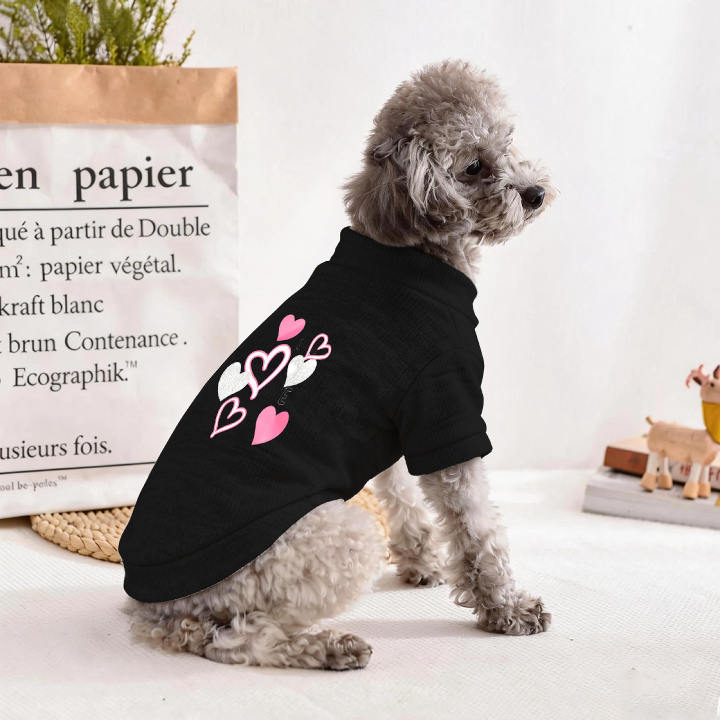 Glitter Pink Silver Heart Romantic Black Puppy Cardigan Sweater