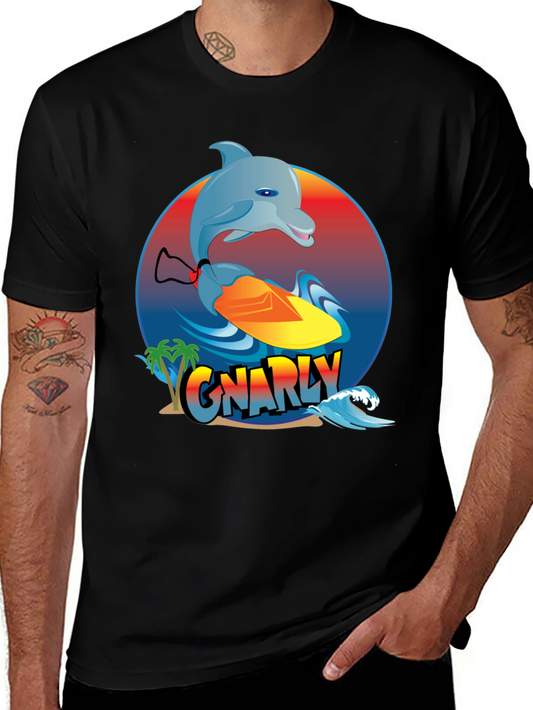 Gnarly Dolphin Surfing Graphic T-Shirt