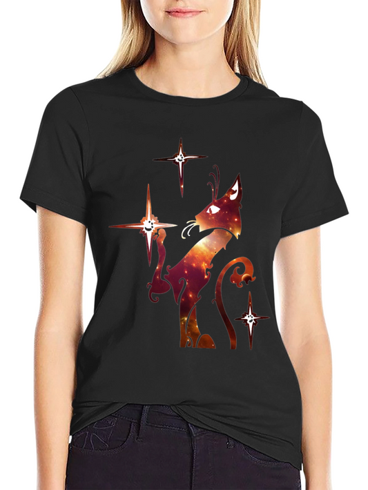 Celestial Cat Graphic T-Shirt - Black Cotton Blend