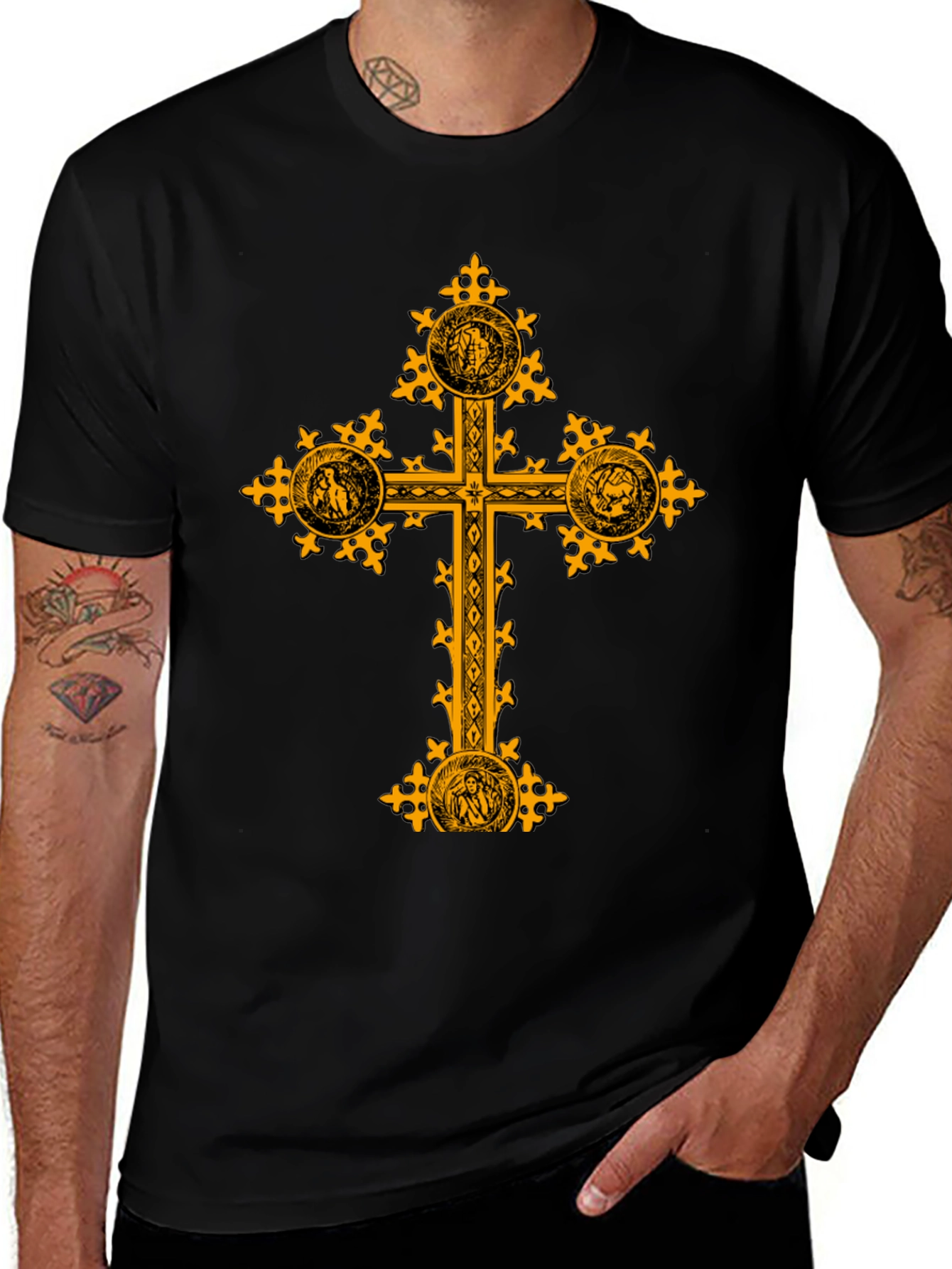 Ornate Gold Cross Graphic Print Black T-Shirt