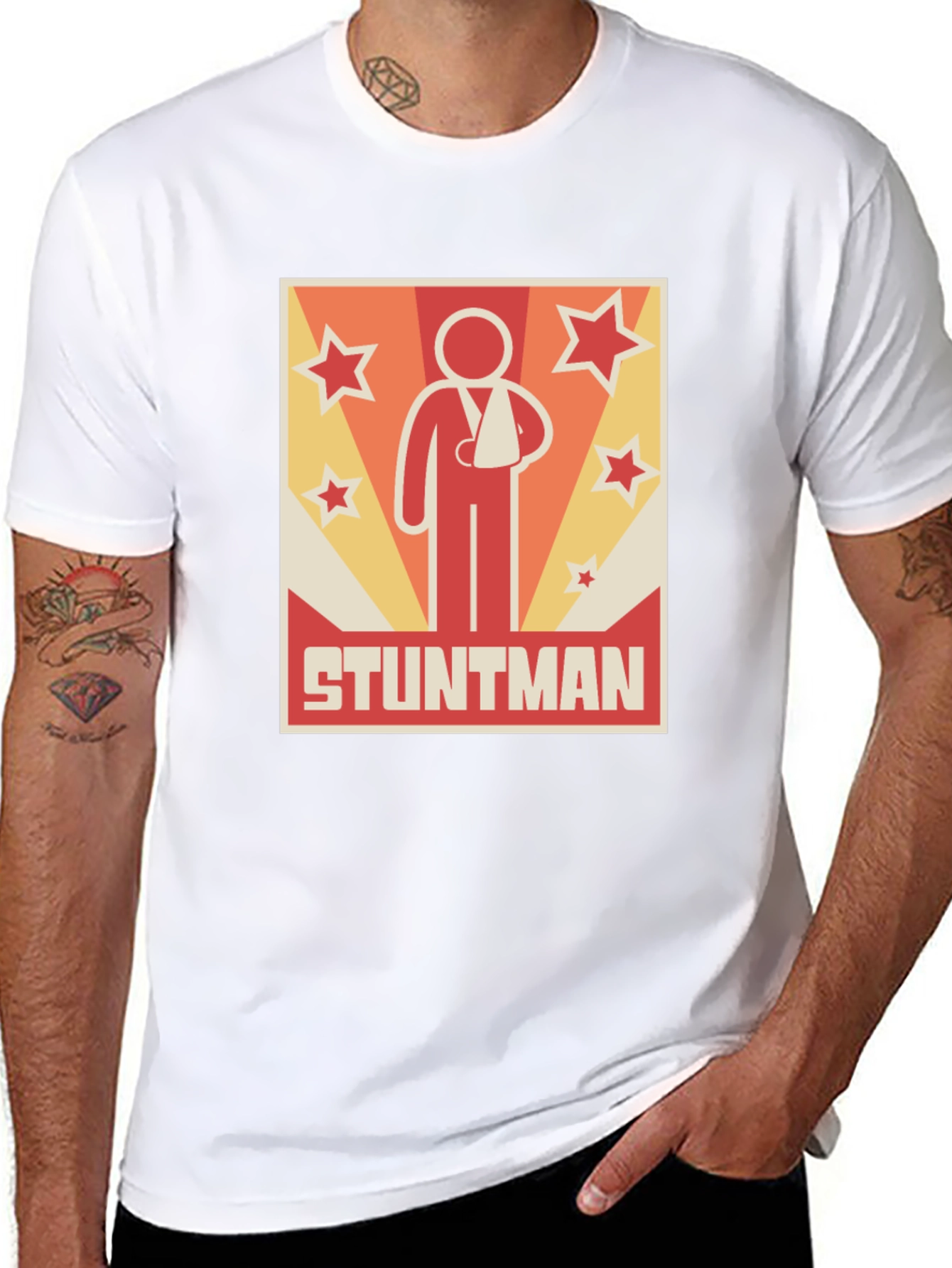 Stuntman Injured Arm Cartoon Graphic Print T-Shirt