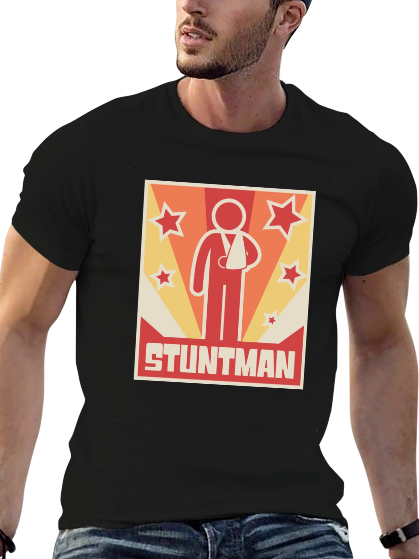 Stuntman Injured Arm Cartoon Graphic Print T-Shirt