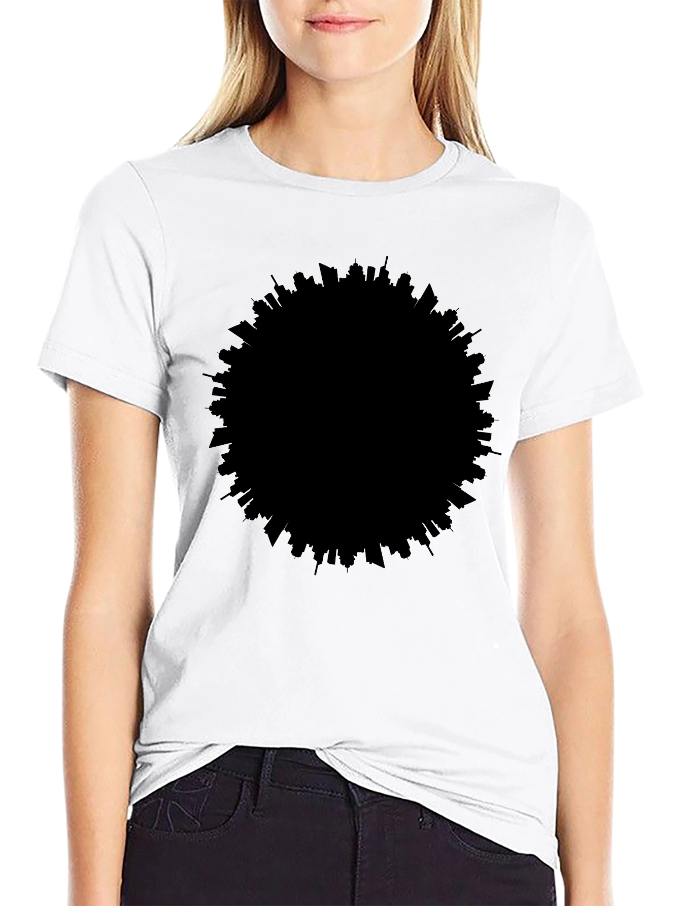 Modern Cityscape Silhouette Black T-Shirt