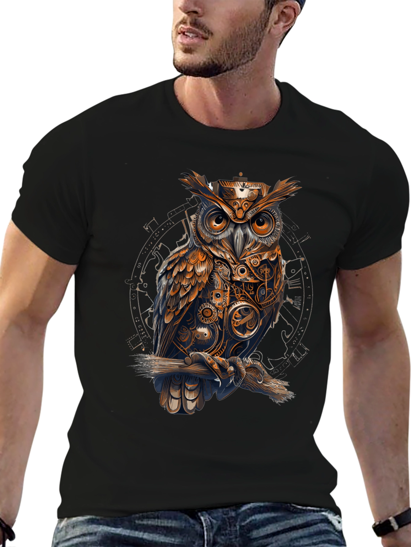 Steampunk Owl Graphic Print Black T-Shirt