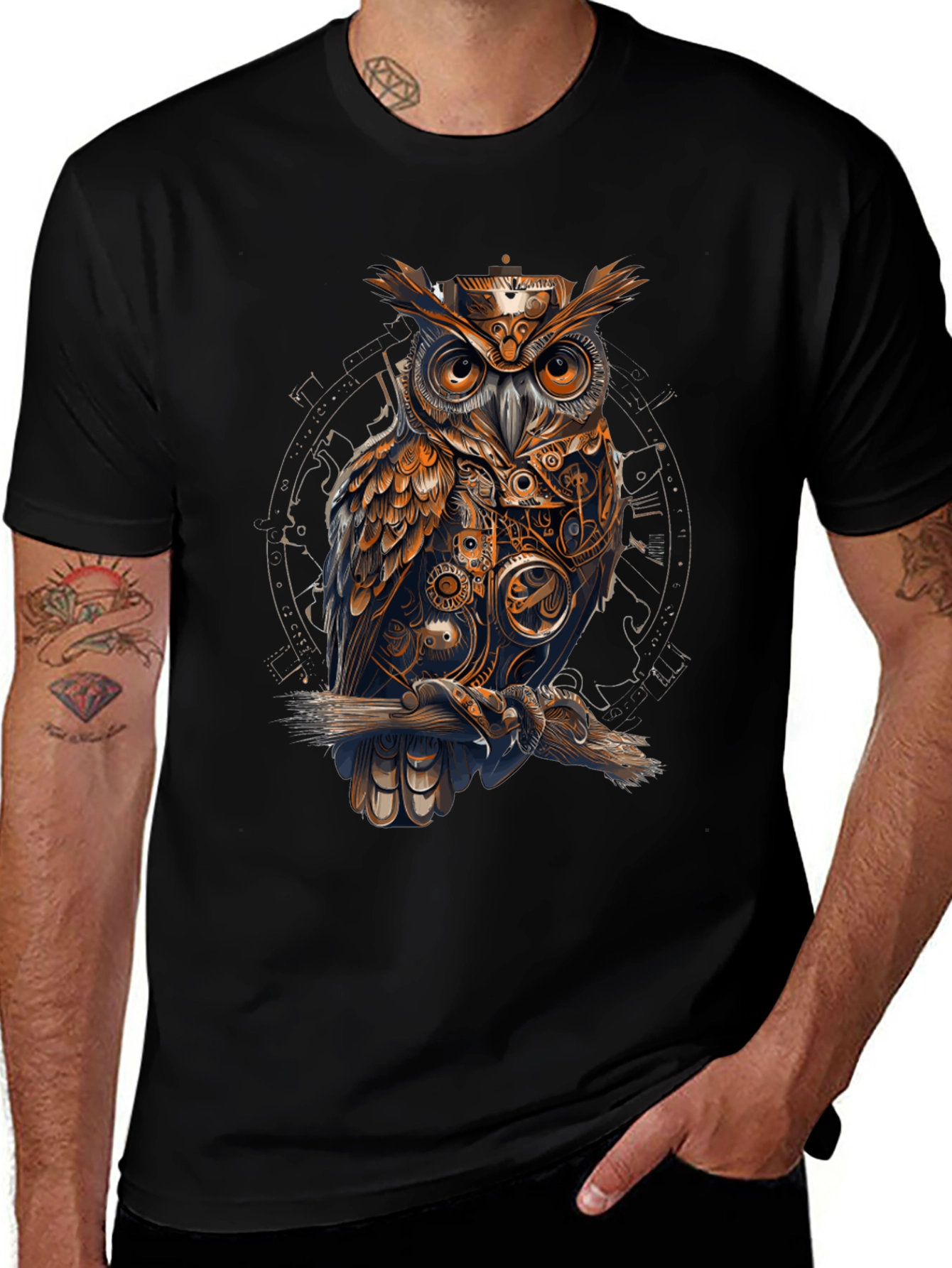 Steampunk Owl Graphic Print Black T-Shirt