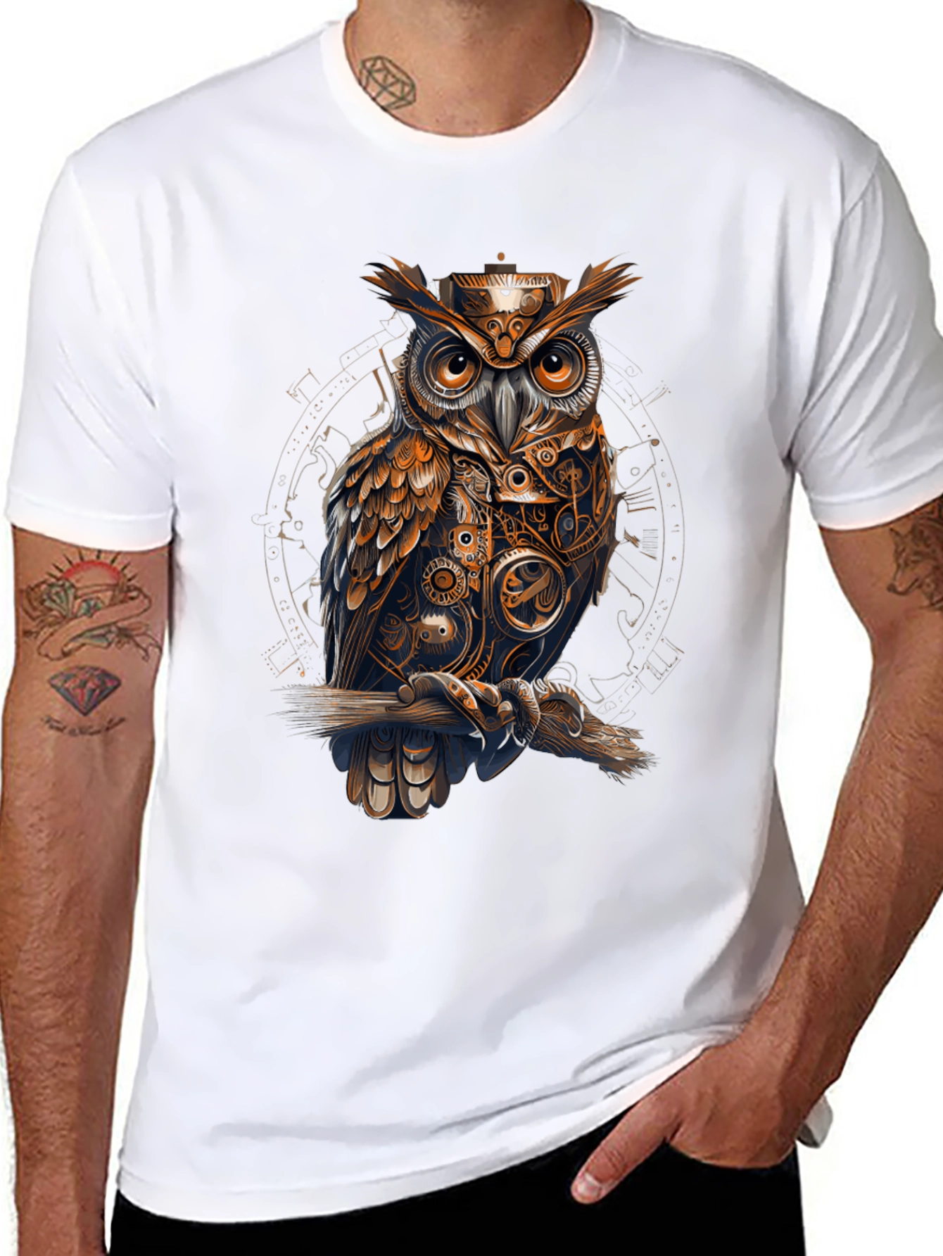 Steampunk Owl Graphic Print Black T-Shirt