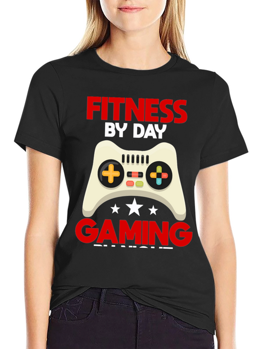Fitness By Day Gaming By Night Black Graphic Tee